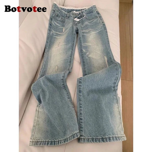 Botvotee Vintage Low Waisted Straight Leg Jeans - Light Blue