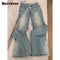 Botvotee Vintage Low Waisted Straight Leg Jeans - Light Blue
