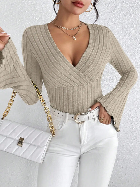 Women's Long-sleeved V-neck Striped Slim Fit Top
