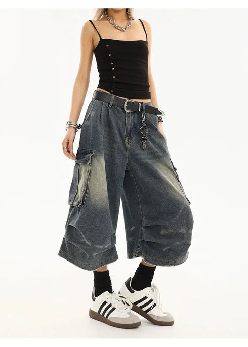 High Waist Vintage Blue Denim Cargo Pants