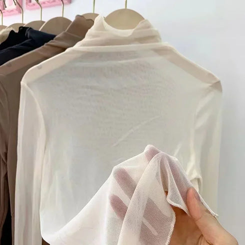 Chic See-Through Long Sleeve T-Shirt in Pink & Green