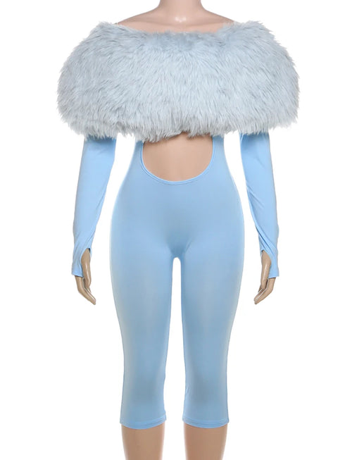 Furry Patchwork Backless Jumpsuit for Women