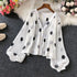 Polka Dot V-Neck Chiffon Blouse with Lantern Sleeves