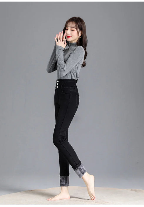 High-Waisted Fleece-Lined Slim Jeans for Women