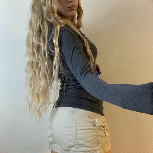 Y2K Slim Fit Brown Crop Top with Button Detail
