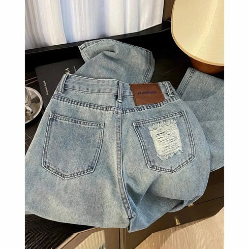 Womens High Waist Loose Fit Ripped Denim Jeans