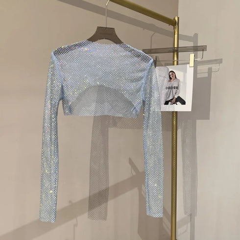 Hollow Out Rhinestone Long Sleeve Crop Top