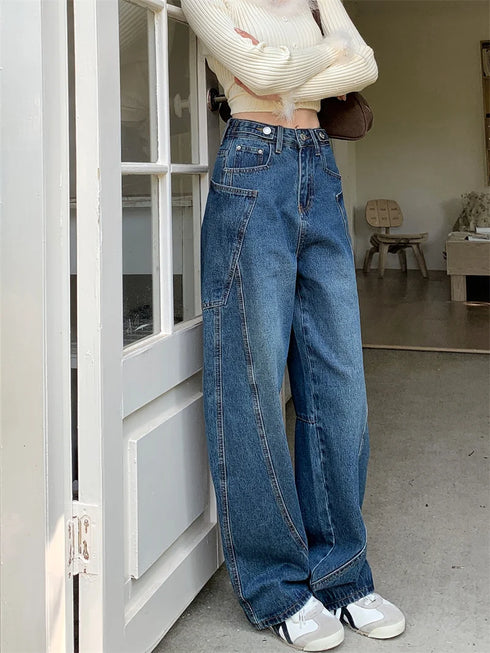 Women's High Waist Wide Leg Denim Jeans in Navy