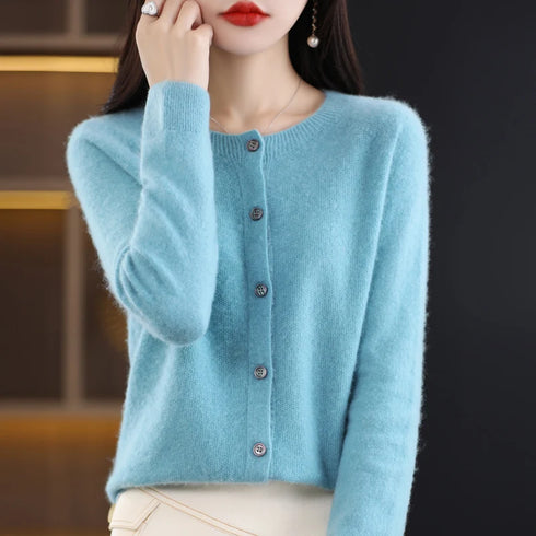 100% Pure Merino Cashmere O-Neck Cardigan for Women