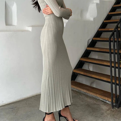 Women Spring Autumn Solid Color Bodycon Knit Dress Long Sleeve Crew Neck Ribbed Dress Slim Fit Long Dress for Effortless Elegance