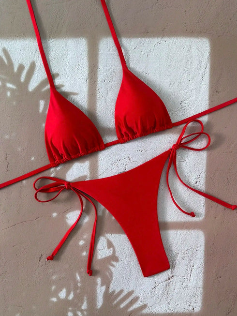 Red Neck Hanging Bikini Swimsuit Set