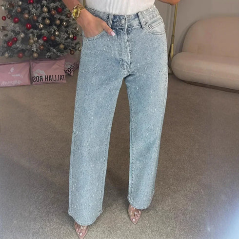 High Waist Straight Leg Denim Jeans with Diamond Detail