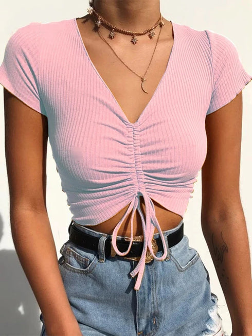 Sexy V Neck Cropped Tank Tops Women Slim Fit Ribbed Camis Candy Colors for Summer Party Streetwear
