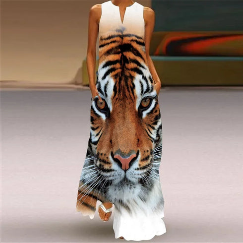 Fresh Floral Print Summer Open Neck Long Dress V-neck Sleeveless Beach Dress with Pockets