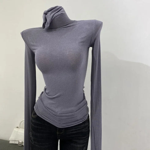 Turtleneck Long Sleeve Cotton Top for Women