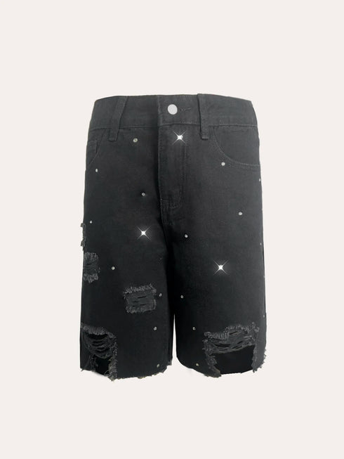 Women's Black Denim Shorts with Distressed Detail