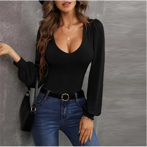 Chic U-Neck Long Sleeve Slim Fit T-Shirt for Women