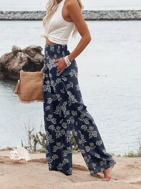 Floral Print Wide Leg Pants with Pockets