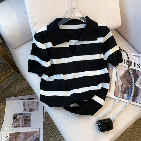 Striped Pattern Collared Short Sleeve Knit Top