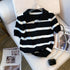 Striped Pattern Collared Short Sleeve Knit Top