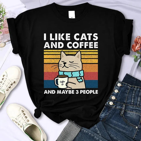 Cute Cat & Coffee Graphic Tee for Women