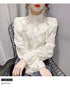 Korean Style Ruffle Stitching Lace Blouse Fashion Long Sleeve Loose Chiffon Shirt Elegant Stand Collar Pleated Tops Blusas 15832