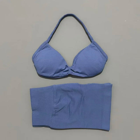 HISTELLO Women's Seamless Yoga Set with Strappy Bra and Shorts