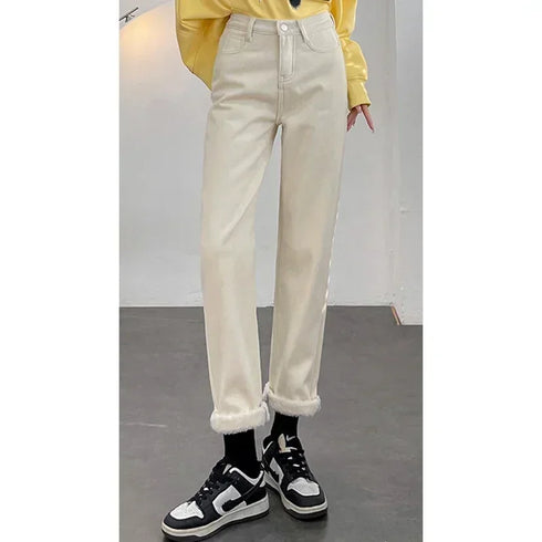 High Waist Vintage Fleece Jeans for Women