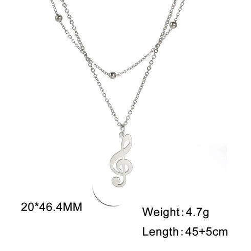 Lemegeton Stainless Steel Musical Note Pendant Necklace Double Layered Beads Chain Women Punk Hip Hop Jewelry Gifts