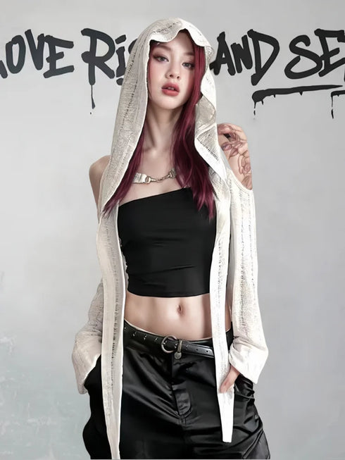 Hooded Long Sleeve Off Shoulder T-shirt