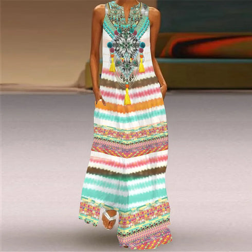 Fresh Floral Print Summer Open Neck Long Dress V-neck Sleeveless Beach Dress with Pockets