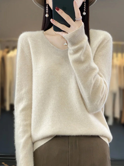 100% Merino Wool V-Neck Pullover Sweater for Women