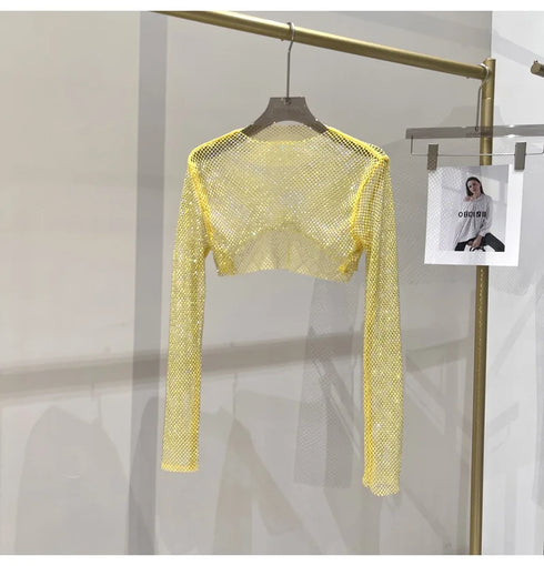 Hollow Out Rhinestone Long Sleeve Crop Top