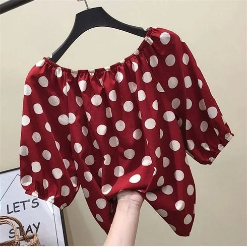 Casual Polka Dot Loose Blouse with Slash Neck