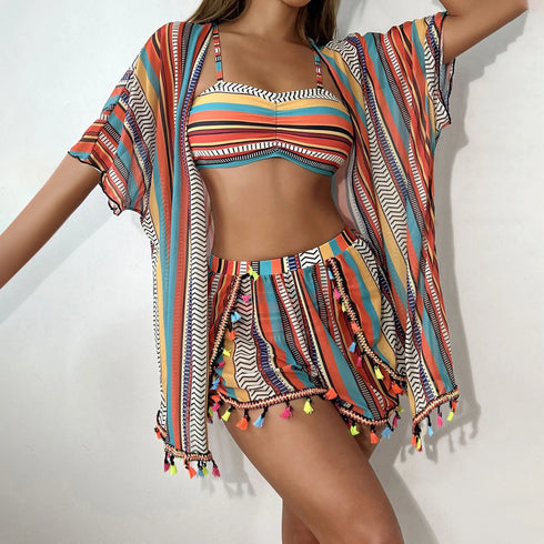 4-Piece High Waisted Bikini Set with Kimono