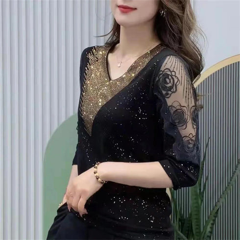 Casual Long Sleeve V-Neck Lace Patchwork Blouse