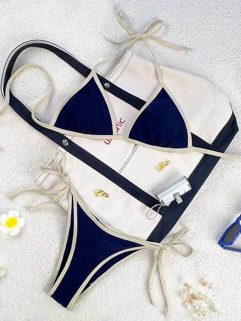 Blue Tie Bikini Swimsuit Set for Women