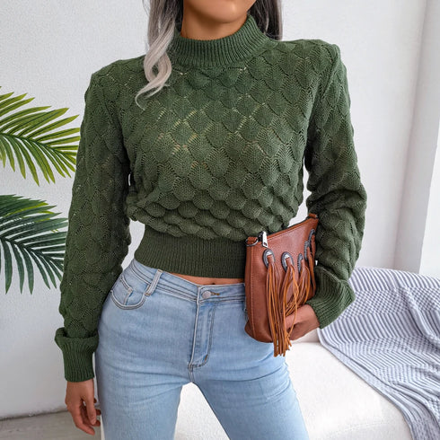 Hollow Out Long Sleeve Knitted Crop Top in Grey and Khaki