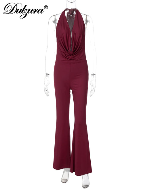 Dulzura Backless Lace-Up Flared Jumpsuit in Wine Red
