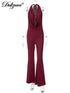 Dulzura Backless Lace-Up Flared Jumpsuit in Wine Red