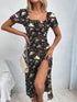 Women's Boho Ditsy Floral Print Ruched Split Thigh Midi Dress with Puff Sleeves and Square Neck for Summer and Vacation