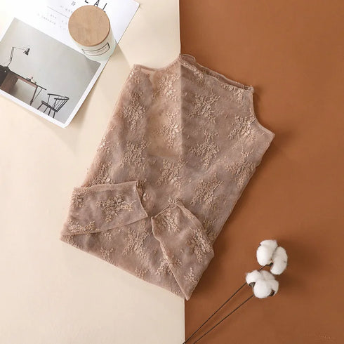 Sheer Lace Long Sleeve Blouse with Floral Design