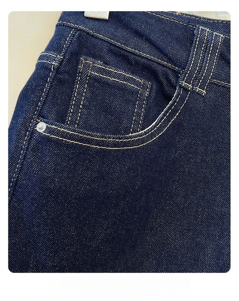 High Waisted Wide Leg Denim Trousers in Navy Blue