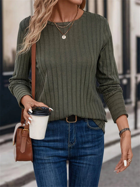 Solid Colour Round Neck Ribbed Long Sleeve Top