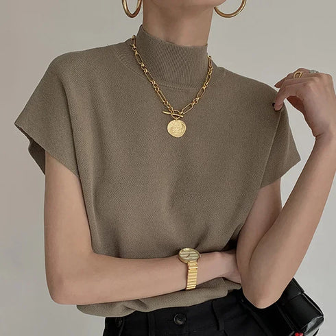 Solid Stand-up Collar Knitted Blouse Vest