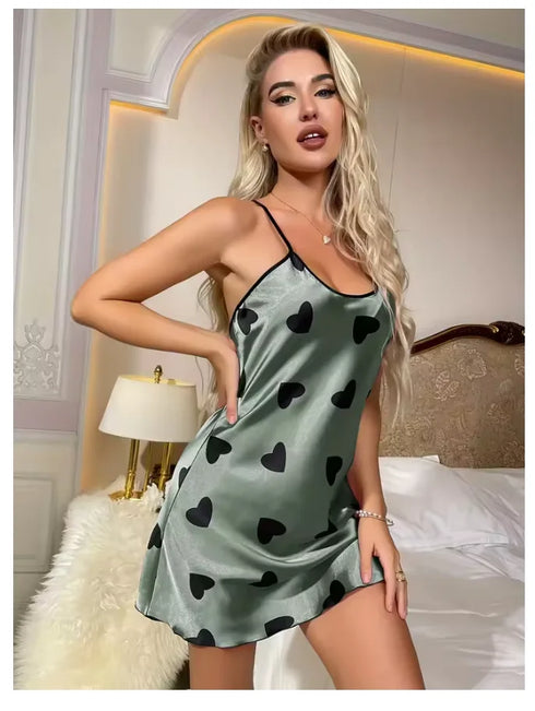 Heart Print Slip Nightdress Casual Crew Neck Mini Sleepwear