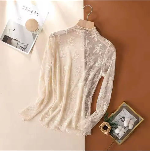 Lace Detail Turtleneck Long Sleeve Blouse
