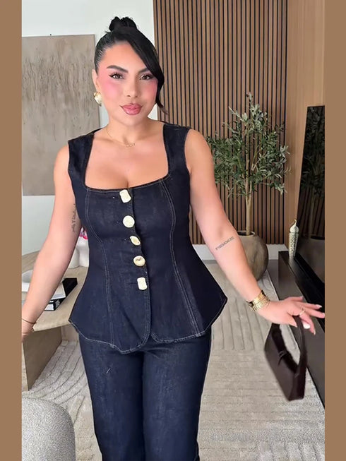 Women’s Vintage Denim Top and Pant Set