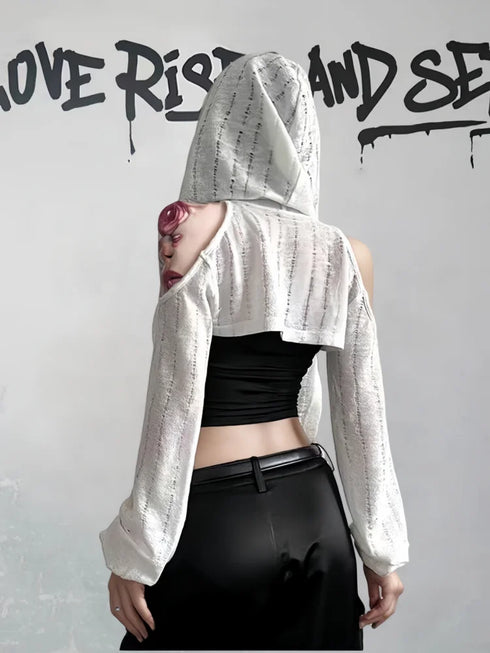 Hooded Long Sleeve Off Shoulder T-shirt