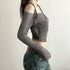 Women's Y2K Streetwear Solid Slash Neck Crop Top Sexy Off-Shoulder Long Sleeve Slim Mesh Tee Straps T-Shirt